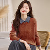100纯羊毛衫扭花毛衣开衫拼色假两件，polo领长袖针织衫CC-108-1301 商品缩略图0