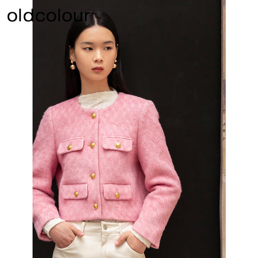 oldcolour冬季新款粉色小香风名媛气质短款毛呢外套女P460405A1 商品图1