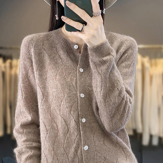 QHJY-DMR285韩版时尚波浪纹纯羊毛开衫女23秋季新款纯色圆领外套长袖针织上衣 商品图0