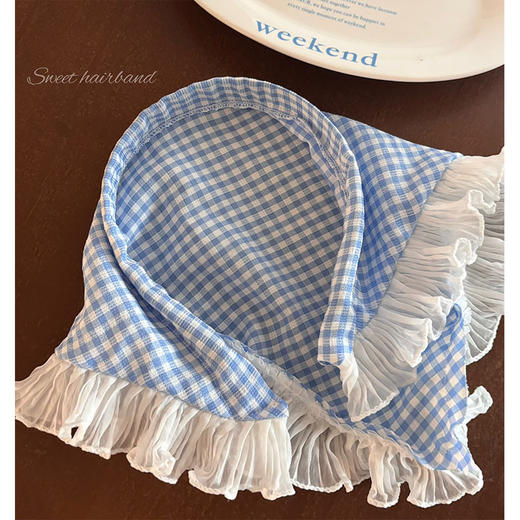 【甜美ins法式头巾发箍】法式蓝色格子蕾丝头巾发箍，小清新超百搭，海边氛围感三角巾女包头头箍田园风发带QQ 商品图3