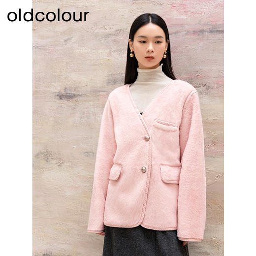 oldcolour秋冬新品V领保暖时尚纯色编织边外套女P430402A1 商品图0