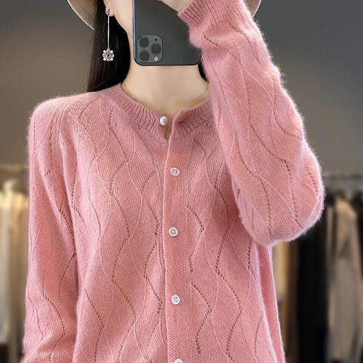 QHJY-DMR285韩版时尚波浪纹纯羊毛开衫女23秋季新款纯色圆领外套长袖针织上衣 商品图2