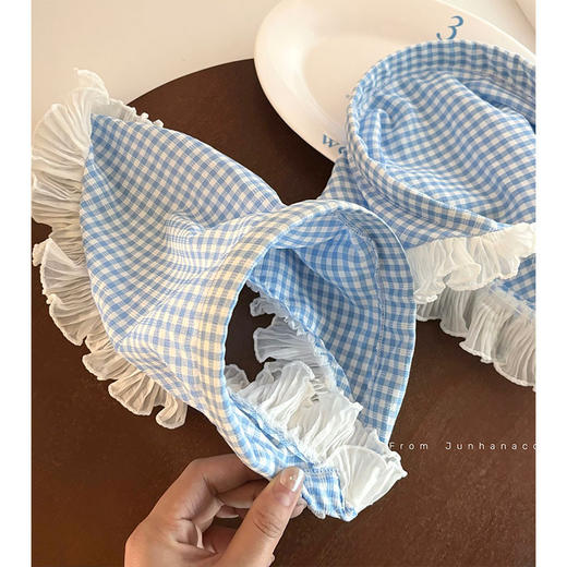 【甜美ins法式头巾发箍】法式蓝色格子蕾丝头巾发箍，小清新超百搭，海边氛围感三角巾女包头头箍田园风发带QQ 商品图6