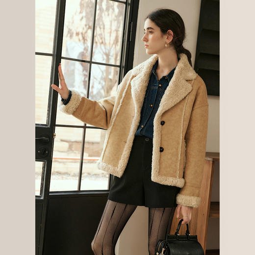 OLrain欧芮儿卡其皮草外套女冬季2024年新款时尚翻领加厚保暖上衣 商品图1