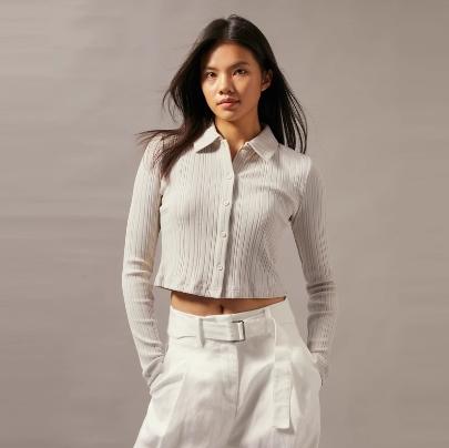 CK Jeans女士休闲简约刺绣纽扣衬衫领修身T恤J224673 商品图1