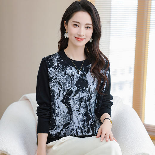 CC-28-1275复古印花羊毛针织衫秋季百搭显瘦休闲长袖圆领水墨画女士打底上衣 商品图3
