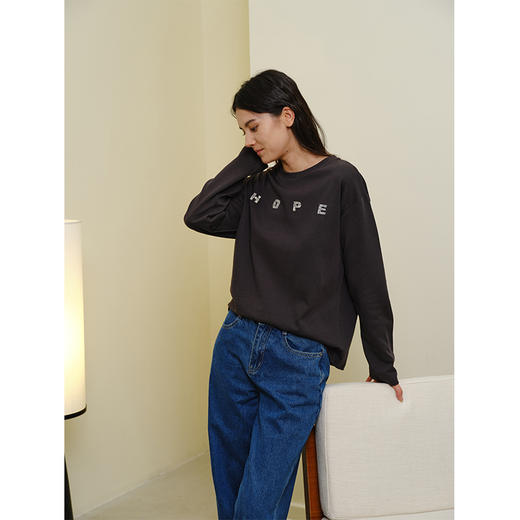 HeyDress灰色卫衣女秋季圆领宽松烫钻简约休闲慵懒百搭长袖上衣 商品图3