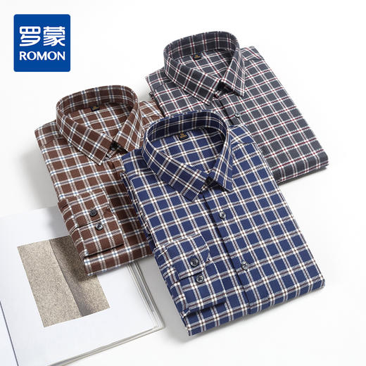 【羊毛混纺】罗蒙男士秋款长袖翻领格子衬衫通勤时尚休闲百搭衬衣男 商品图0