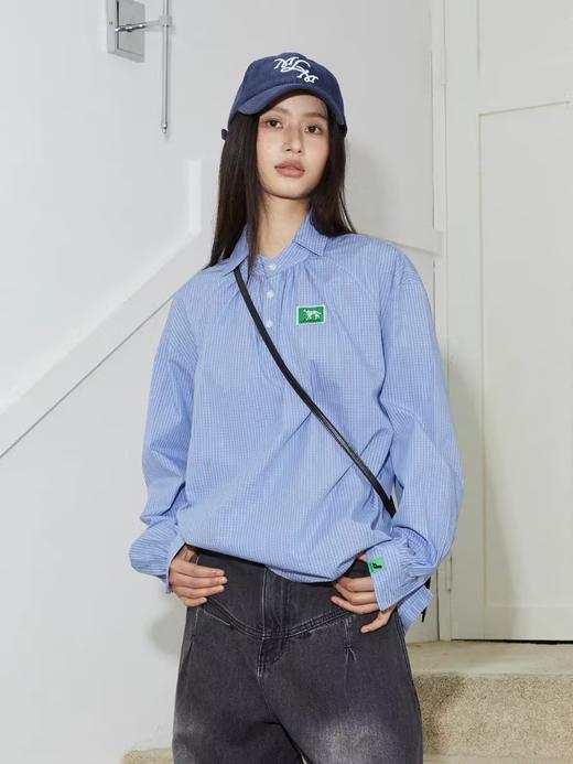 Mood Like Me/MCS2409/蓝色细格纹半开领抽褶衬衫 商品图0