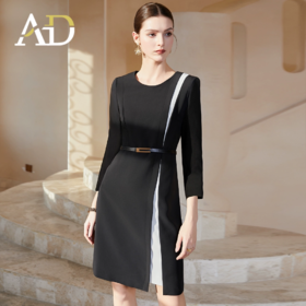 AD时尚大气连衣裙女轻熟风黑色圆领西装裙减龄通勤职业装a字裙
