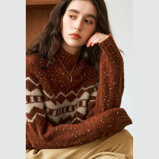 OLrain欧芮儿咖色半高领毛衣女秋季2024年新款法式复古套头上衣 商品图2