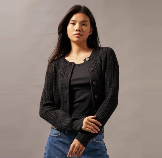 CK Jeans女羊毛混纺短款绞花圆领纽扣针织开衫J224570 商品图0