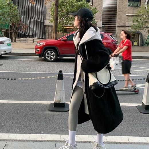 秋冬新款韩系拼接假两件长款外套 连帽羊羔绒宽松加绒美拉徳女装 商品图1