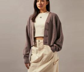 CK Jeans女士简约字母提花纽扣V领毛衣针织开衫J224569