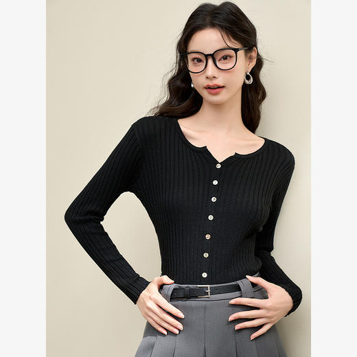 经典百搭长袖针织衫女早春正肩显瘦坑条高弹软糯针织开衫V3442400 商品图3