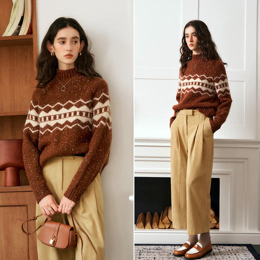 OLrain欧芮儿咖色半高领毛衣女秋季2024年新款法式复古套头上衣 商品图1