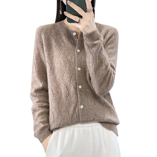 QHJY-DMR285韩版时尚波浪纹纯羊毛开衫女23秋季新款纯色圆领外套长袖针织上衣 商品图4