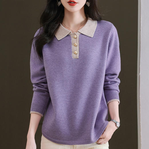 CC-5-6091翻领撞色秋冬季新款针织打底衫女士学院风穿搭洋气短上衣红色毛衣 商品图1