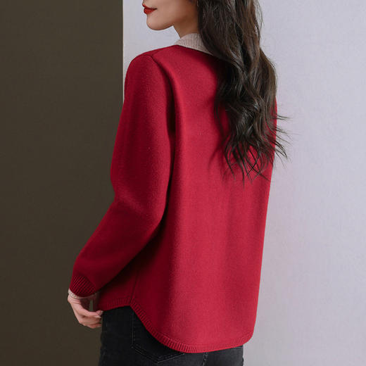 CC-5-6091翻领撞色秋冬季新款针织打底衫女士学院风穿搭洋气短上衣红色毛衣 商品图3