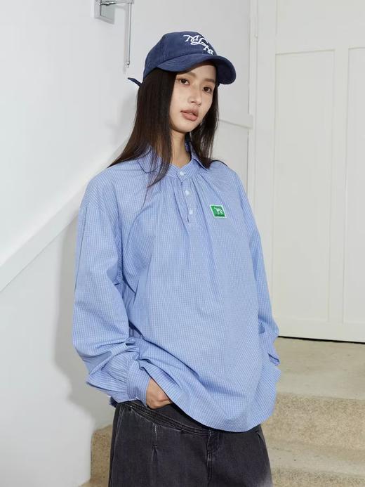 Mood Like Me/MCS2409/蓝色细格纹半开领抽褶衬衫 商品图1