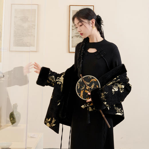 三彩【墨韵幽梦】2024冬季新款新中式小黑裙镂空盘扣连衣裙长裙女C 商品图2