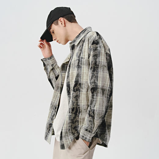 714street复古扎染格子长袖衬衫男高级感痞帅秋季新款宽松外套女 商品图2