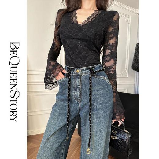 BeQueenStory【叛逆单宁】单宁风简约百搭宽松显瘦阔腿牛仔裤秋装 商品图2