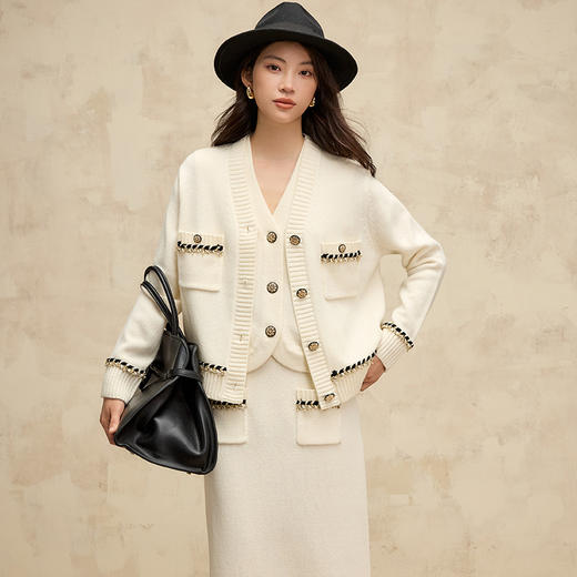 高级感50羊毛小香*风毛衣外套女2024秋冬新款撞色织带针织开衫女 商品图1
