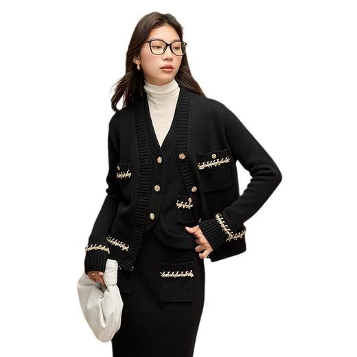 高级感50羊毛小香*风毛衣外套女2024秋冬新款撞色织带针织开衫女 商品图4