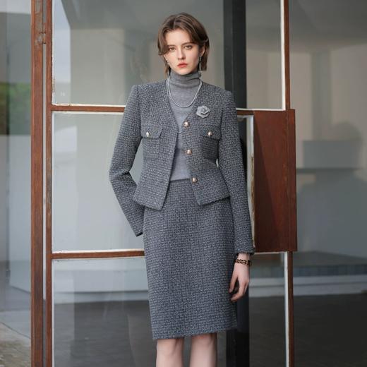 AD小香风套装2026新款爆款灰色羊毛呢子两件套轻熟风V领编织外套 商品图0