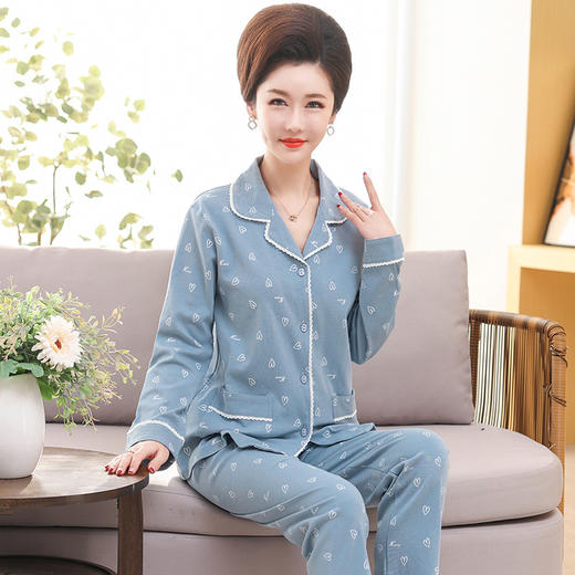 【纯棉材质，贴身感知的细腻柔滑~】妈妈睡衣 女秋冬季纯棉长袖开衫 宽松中老年人加大码 家居服套装-QQ 商品图2