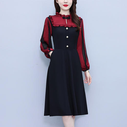 雀说新款时尚立领拼接复古显瘦假两件中长裙AL1131 商品图0