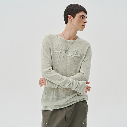 714street美式字母提花破坏毛衣秋季新款薄款情侣针织衫男女同款 商品图4