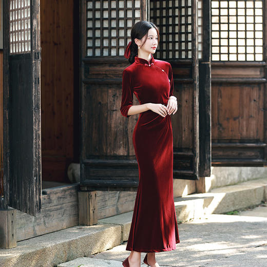 秋冬款丝绒改良长款鱼尾裙旗袍YT2315 商品图0