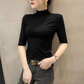 【唯众全棉系列】秋季面膜T恤中袖打底衫女半高领修身内搭2024新款五分袖百搭上衣