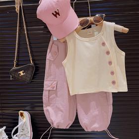 【童趣设计，时尚又可爱~】韩国童装女童套装夏季新款 女孩洋气时髦设计感 背心上衣工装裤-QQ