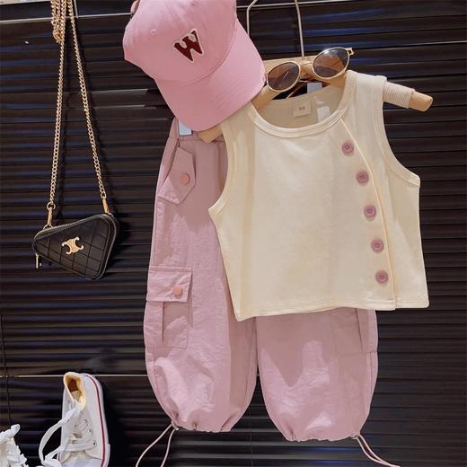 【童趣设计，时尚又可爱~】韩国童装女童套装夏季新款 女孩洋气时髦设计感 背心上衣工装裤-QQ 商品图0