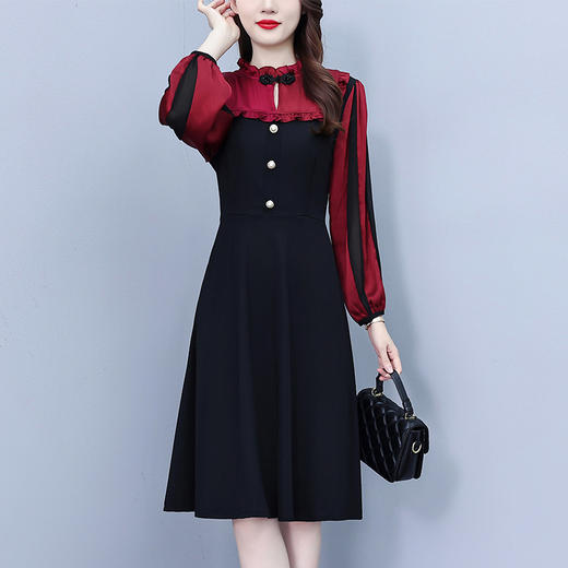 雀说新款时尚立领拼接复古显瘦假两件中长裙AL1131 商品图1