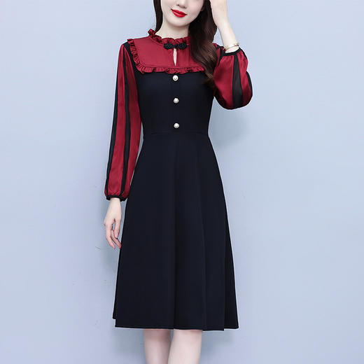 雀说新款时尚立领拼接复古显瘦假两件中长裙AL1131 商品图2