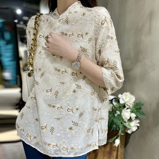 【顺丰包邮】91756 洛诗琳重工立体剪花真丝衬衫女新中式刺绣上衣85128 商品图0