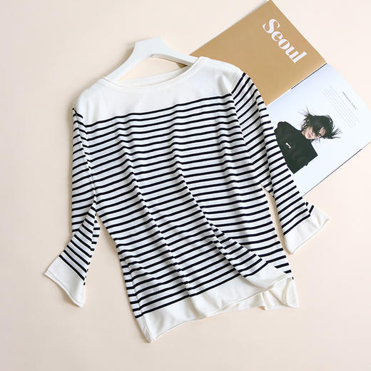 TG-TG03S331秋冬真丝莱赛尔条纹圆领长袖打底衫女 桑蚕丝针织衫T恤上衣 商品图0