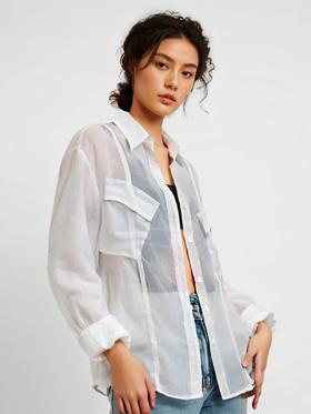 中秋大力度清仓~（不支持退）（NO退，能接受拍）原创设计师-多穿款 22159冰裂纹薄纱上衣衬衫外套（单件）-喜出