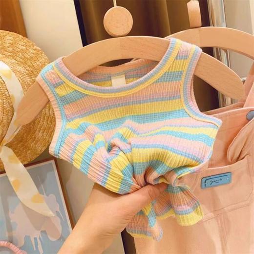 【女童多巴胺穿搭套装，小兔条纹T恤+韩版洋气背带裙，清新可爱又时尚】女童多巴胺穿搭夏背带裙套装 韩版洋气宝宝可爱小兔条纹T恤两件套-QQ 商品图2