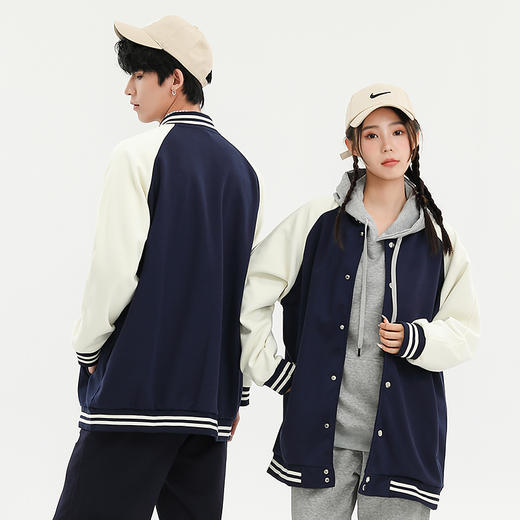 自由基地秋冬休闲宽松棒球服拼色插肩开衫320克外套男女情侣同款 NMJ-2020 商品图1