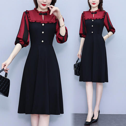 雀说新款时尚立领拼接复古显瘦假两件中长裙AL1131 商品图3