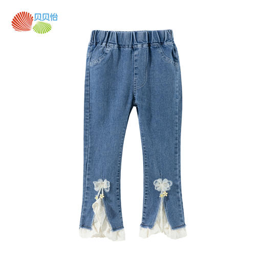 贝贝怡【软糯牛仔喇叭裤】24秋新款女童花边修身中大童微喇百搭长裤ZB3DK077 商品图3
