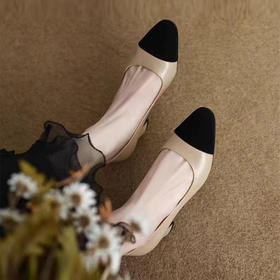 【顺丰包邮】34612 洛诗琳法式小香风粗跟拼色小羊皮高跟真皮单鞋12008