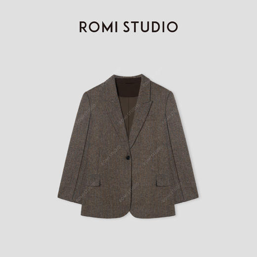 ROMI STUDIO“棕标甄选”绵羊毛混纺人字暗纹直身西装外套 431WS047 商品图0