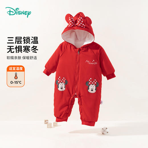 迪士尼【立体蝴蝶结】24冬季新款女童夹棉连体衣卡通米妮防风保暖哈衣ZD4DL010 商品图3