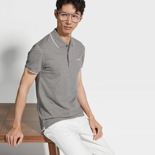 【二】ZEGNA 杰尼亚 男士字母刺绣徽标弹力棉短袖 POLO 衫 灰色 E7358A5 B746 K95 商品图3